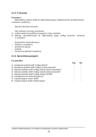 „Projekt współfinansowany ze środków Europejskiego Funduszu Społecznego”
10
4.1.3. Ćwiczenia
Ćwiczenie 1
Zakwalifikuj wybrane meble do odpowiedniej grupy według kryteriów przedstawionych
w jednostce modułowej.
Sposób wykonania ćwiczenia
Aby wykonać ćwiczenie, powinieneś:
1) wybrać meble do kwalifikacji (mogą być z klasy szkolnej),
2) dokonać zakwalifikowania do odpowiedniej grupy według kryteriów zawartych
w rozdziale 2.
Wyposażenie stanowiska pracy:
– literatura z rozdziału 6,
– przybory do pisania,
– notatnik,
– literatura tej jednostki modułowej.
4.1.4. Sprawdzian postępów
Czy potrafisz:
Tak Nie
1) przedstawić podział mebli według funkcji? ¨ ¨
2) przedstawić podział mebli według ich przeznaczenia? ¨ ¨
3) dokonać podziału mebli według zastosowanych materiałów? ¨ ¨
4) dokonać podziału mebli według wykończenia powierzchni? ¨ ¨
5) dokonać podziału mebli według rodzaju obróbki? ¨ ¨
6) scharakteryzować mebel pojedynczy? ¨ ¨
7) wyjaśnić pojęcie zestaw mebli? ¨ ¨
8) wyjaśnić pojęcie mebla wbudowanego? ¨ ¨
 