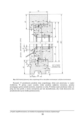 „Projekt współfinansowany ze środków Europejskiego Funduszu Społecznego”
38
Rys. 15. Przekrój (pionowy) okna zespolonego 06 ze skrzydłem rozwieranym i uchylno-rozwieranym
Rysunek 15 przedstawia przekrój okna zespolonego, który jest przerwany w części
środkowej. W górnej części rysunku widać przekrój nadproża ościeżnicy, poniżej
przylegające górne ramiaki poziome, zespolone ze sobą. W dolnej części przekroju widać, że
próg ma inny profil, a strona zewnętrzna jest tak ukształtowana, aby woda deszczowa nie
przedostawała się do środka pomieszczenia.
 