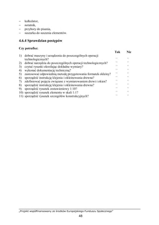 „Projekt współfinansowany ze środków Europejskiego Funduszu Społecznego”
48
− kalkulator,
− notatnik,
− przybory do pisania,
− suszarka do suszenia elementów.
4.6.4 Sprawdzian postępów
Czy potrafisz:
Tak Nie
1) dobrać maszyny i urządzenia do poszczególnych operacji
technologicznych? ¨ ¨
2) dobrać narzędzia do poszczególnych operacji technologicznych? ¨ ¨
3) czytać rysunki określając dokładne wymiary? ¨ ¨
4) wykonać dokumentację techniczną? ¨ ¨
5) zastosować odpowiednią metodę przygotowania formatek okleiny? ¨ ¨
6) sporządzić instrukcję klejenia i okleinowania drewna? ¨ ¨
7) zdefiniować pojęcia związane z wymiarowaniem drzwi i okien? ¨ ¨
8) sporządzić instrukcję klejenia i okleinowania drewna? ¨ ¨
9) sporządzić rysunek zestawieniowy 1:10? ¨ ¨
10) sporządzić rysunek elementu w skali 1:1? ¨ ¨
11) sporządzić rysunek szczegółów konstrukcyjnych? ¨ ¨
 
