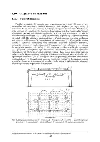 „Projekt współfinansowany ze środków Europejskiego Funduszu Społecznego”
63
4.10. Urządzenia do montażu
4.10.1. Materiał nauczania
Przykład urządzenia do montażu ram przedstawiono na rysunku 21. Jest to tzw.
uniwersalny stół montażowy. Stalowa konstrukcja stołu przykryta jest płytą nośną (1)
z otworami. W otworach mocowane są cylindry pneumatyczne mechanizmów dociskowych,
płyty oporowe (2) i podpórki (3). Powietrze doprowadzane jest do cylindrów elastycznymi
przewodami (4). Do uruchamiania cylindrów (9 i 10) służy rozdzielacz (5), zaś do
uruchamiania cylindrów (11, 12, 13 i 14) rozdzielacz (6). W pierwszej kolejności uruchamia
się cylindry (11–14), ułatwia to montowanie ramy. Wartość ciśnienia powietrza regulowana
jest zaworem redukującym (7) i odczytywana na manometrze (8). W przypadku zmiany
kształtu i wymiarów montowanej ramy zmieniamy ustawienie elementów roboczych,
mocując je w innych otworach płyty nośnej. W poprzeczkach ram wykonano otwory służące
do mocowania pionowej belki nośnej (2), mechanizmów dociskowych (3), płyt oporowych
(4) i podpórek. W urządzeniu tym zastosowano mechanizmy dociskowe z cylindrami
pneumatycznymi. Można je dowolnie ustawiać w ramie i belce nośnej za pomocą zacisków
śrubowych (5). Do uruchamiania cylindrów dociskowych poziomych służy rozdzielacz (6),
a pionowych rozdzielacz (7). W zasilającym układzie sprężonego powietrza zainstalowano
zawór redukcyjny (8) do regulowania ciśnienia powietrza i tym samym docisku przy zmianie
wymiarów i konstrukcji montowanych wyrobów belkę nośną i części zespołu roboczego
ustawia się stosownie do położenia części wyrobu.
Rys. 21. Urządzenie do montażu ram: 1 – płyta nośna, 2 – płyta oporowa, 3 – podpórki, 4 – przewód sprężonego
powietrza, 5 i 6 – rozdzielacze, 7 – zawór redukcyjny, 8 – manometr, 9–14 – cylindry pneumatyczne
 