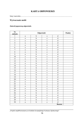„Projekt współfinansowany ze środków Europejskiego Funduszu Społecznego”
78
KARTA ODPOWIEDZI
Imię i nazwisko...........................................................................................................................
Wytwarzanie mebli
Zakreśl poprawną odpowiedź.
Nr
zadania
Odpowiedź Punkty
1 a b c d
2 a b c d
3 a b c d
4 a b c d
5 a b c d
6 a b c d
7 a b c d
8 a b c d
9 a b c d
10 a b c d
11 a b c d
12 a b c d
13 a b c d
14 a b c d
15 a b c d
16 a b c d
17 a b c d
18 a b c d
19 a b c d
20 a b c d
21 a b c d
22 a b c d
23 a b c d
24 a b c d
25 a b c d
26 a b c d
27 a b c d
28 a b c d
29 a b c d
30 a b c d
Razem:
 