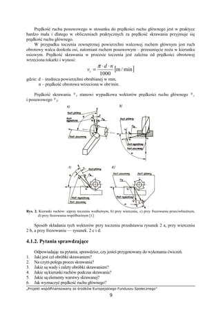 „Projekt współfinansowany ze środków Europejskiego Funduszu Społecznego”
9
Prędkość ruchu posuwowego w stosunku do prędkości ruchu głównego jest w praktyce
bardzo mała i dlatego w obliczeniach praktycznych za prędkość skrawania przyjmuje się
prędkość ruchu głównego.
W przypadku toczenia zewnętrznej powierzchni walcowej ruchem głównym jest ruch
obrotowy walca dookoła osi, natomiast ruchem posuwowym – przesunięcie noŜa w kierunku
osiowym. Prędkość skrawania w procesie toczenia jest zaleŜna od prędkości obrotowej
wrzeciona tokarki i wynosi:
[ ]min/m
1000
nd
vc
⋅⋅
=
π
gdzie: d – średnica powierzchni obrabianej w mm,
n – prędkość obrotowa wrzeciona w obr/min.
Prędkość skrawania v e stanowi wypadkowa wektorów prędkości ruchu głównego v c
i posuwowego v f.
Rys. 2. Kierunki ruchów: a)przy toczeniu wzdłuŜnym, b) przy wierceniu, c) przy frezowaniu przeciwbieŜnym,
d) przy frezowaniu współbieŜnym [1].
Sposób składania tych wektorów przy toczeniu przedstawia rysunek 2 a, przy wierceniu
2 b, a przy frezowaniu — rysunek. 2 c i d.
4.1.2. Pytania sprawdzające
Odpowiadając na pytania, sprawdzisz, czy jesteś przygotowany do wykonania ćwiczeń.
1. Jaki jest cel obróbki skrawaniem?
2. Na czym polega proces skrawania?
3. Jakie są wady i zalety obróbki skrawaniem?
4. Jakie są kierunki ruchów podczas skrawania?
5. Jakie są elementy warstwy skrawanej?
6. Jak wyznaczyć prędkość ruchu głównego?
 