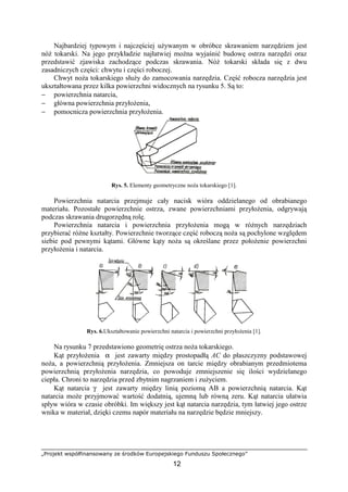 „Projekt współfinansowany ze środków Europejskiego Funduszu Społecznego”
12
Najbardziej typowym i najczęściej uŜywanym w obróbce skrawaniem narzędziem jest
nóŜ tokarski. Na jego przykładzie najłatwiej moŜna wyjaśnić budowę ostrza narzędzi oraz
przedstawić zjawiska zachodzące podczas skrawania. NóŜ tokarski składa się z dwu
zasadniczych części: chwytu i części roboczej.
Chwyt noŜa tokarskiego słuŜy do zamocowania narzędzia. Część robocza narzędzia jest
ukształtowana przez kilka powierzchni widocznych na rysunku 5. Są to:
− powierzchnia natarcia,
− główna powierzchnia przyłoŜenia,
− pomocnicza powierzchnia przyłoŜenia.
Rys. 5. Elementy geometryczne noŜa tokarskiego [1].
Powierzchnia natarcia przejmuje cały nacisk wióra oddzielanego od obrabianego
materiału. Pozostałe powierzchnie ostrza, zwane powierzchniami przyłoŜenia, odgrywają
podczas skrawania drugorzędną rolę.
Powierzchnia natarcia i powierzchnia przyłoŜenia mogą w róŜnych narzędziach
przybierać róŜne kształty. Powierzchnie tworzące część roboczą noŜa są pochylone względem
siebie pod pewnymi kątami. Główne kąty noŜa są określane przez połoŜenie powierzchni
przyłoŜenia i natarcia.
Rys. 6.Ukształtowanie powierzchni natarcia i powierzchni przyłoŜenia [1].
Na rysunku 7 przedstawiono geometrię ostrza noŜa tokarskiego.
Kąt przyłoŜenia α jest zawarty między prostopadłą AC do płaszczyzny podstawowej
noŜa, a powierzchnią przyłoŜenia. Zmniejsza on tarcie między obrabianym przedmiotema
powierzchnią przyłoŜenia narzędzia, co powoduje zmniejszenie się ilości wydzielanego
ciepła. Chroni to narzędzia przed zbytnim nagrzaniem i zuŜyciem.
Kąt natarcia γ jest zawarty między linią poziomą AB a powierzchnią natarcia. Kąt
natarcia moŜe przyjmować wartość dodatnią, ujemną lub równą zeru. Kąt natarcia ułatwia
spływ wióra w czasie obróbki. Im większy jest kąt natarcia narzędzia, tym łatwiej jego ostrze
wnika w materiał, dzięki czemu napór materiału na narzędzie będzie mniejszy.
 