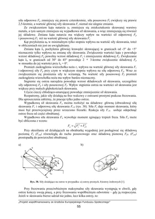 „Projekt współfinansowany ze środków Europejskiego Funduszu Społecznego”
55
siła odporowa Fp zmniejszy się prawie czterokrotnie, siła posuwowa Ff zwiększy się prawie
2,5-krotnie, a wartość głównej siły skrawania Fc niemal nie ulegnie zmianie.
Ze zwiększeniem kąta natarcia γ0 zmniejsza się zniekształcenie skrawanej warstwy
metalu, a tym samym zmniejsza się wypadkowa sił skrawania, a więc zmniejszają się równieŜ
jej składowe. Zmiana kąta natarcia ma większy wpływ na wartości sił odporowej Fp
i posuwowej Ff niŜ na wartość głównej siły skrawania Fc
Kąt przyłoŜenia α0 w minimalnym tylko stopniu wpływa na wartość siły skrawania, toteŜ
w obliczeniach nie jest on uwzględniany.
Zmiana kąta λs pochylenia głównej krawędzi skrawającej w granicach od -5° do +5°
nieznacznie tylko wpływa na zmianę siły skrawania. Zwiększenie wartości kąta γ powoduje
wzrost składowej Fp powolny wzrost składowej Fc i zmniejszenie składowej Ff. Zwiększanie
kąta λs w granicach od 30° do 45° powoduje 2 ÷ 3-krotne zwiększenie składowej Fp
w stosunku do jej wartości przy λs = 0°.
Promień zaokrąglenia wierzchołka noŜa rε wpływa na wartość głównej siły skrawania Fc
i odporowej siły Fp przy czym w większym stopniu wpływa na siłę odporową Fp. Wraz ze
zwiększeniem się promienia siły te wzrastają. Na wartość siły posuwowej Ff promień
zaokrąglenia wierzchołka noŜa ma wpływ bardzo nieznaczny.
Stępienie się ostrza narzędzia powoduje wzrost składowych sił skrawania, szczególnie
siły odporowej Fp i siły posuwowej Ff. Wpływ stępienia ostrza na wartości sił skrawania jest
większy przy małych głębokościach skrawania.
UŜycie cieczy chłodząco-smarującej powoduje zmniejszenie sił skrawania.
Rozpatrzmy, jakie siły działają na frez walcowy z ostrzarni prostymi podczas frezowania.
Dla uproszczenia załóŜmy, Ŝe pracuje tylko jedno ostrze.
Wypadkową sił skrawania Fa moŜna rozłoŜyć na składowe: główną (obwodową) siłę
skrawania Fc i odporową siłę skrawania FcN (rys. 38). Siła Fc daje moment skrawania, który
musi być przezwycięŜony przez wrzeciono frezarki. Reakcja siły FcN usiłuje odepchnąć
ostrze freza od części obrabianej.
Wypadkowa siła skrawania Fa wywołuje moment zginający trzpień freza. Siła Fa moŜe
być obliczona z wzoru:
22
cNca FFF +=
Przy określaniu sił działających na obrabiarkę wygodniej jest posługiwać się składową
poziomą Ff (Fxm) równoległą do ruchu posuwowego oraz składową pionową FfN (Fym)
prostopadłą do powierzchni obrabianej.
a) b)
Rys. 38. Siły działające na ostrze w przypadku: a) ostrzy prostych, b)ostrzy śrubowych [1].
Przy frezowaniu przeciwbieŜnym maksymalne siły skrawania występują w chwili, gdy
ostrze kończy swoją pracę, a przy frezowaniu współbieŜnym odwrotnie – gdy ją rozpoczyna.
JeŜeli w skrawaniu bierze udział nie jedno, lecz kilka ostrzy, to:
 