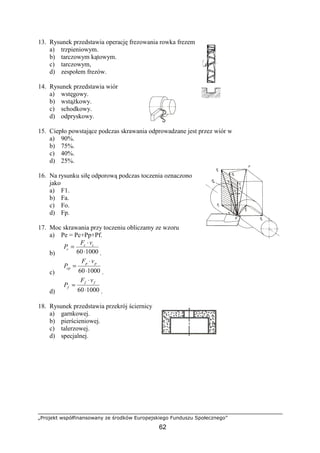 „Projekt współfinansowany ze środków Europejskiego Funduszu Społecznego”
62
13. Rysunek przedstawia operację frezowania rowka frezem
a) trzpieniowym.
b) tarczowym kątowym.
c) tarczowym,
d) zespołem frezów.
14. Rysunek przedstawia wiór
a) wstęgowy.
b) wstąŜkowy.
c) schodkowy.
d) odpryskowy.
15. Ciepło powstające podczas skrawania odprowadzane jest przez wiór w
a) 90%.
b) 75%.
c) 40%.
d) 25%.
16. Na rysunku siłę odporową podczas toczenia oznaczono
jako
a) F1.
b) Fa.
c) Fo.
d) Fp.
17. Moc skrawania przy toczeniu obliczamy ze wzoru
a) Pe = Pc+Pp+Pf.
b) 100060⋅
⋅
= cc
c
vF
P
.
c) 100060⋅
⋅
= pp
cp
vF
P
.
d) 100060⋅
⋅
= ff
f
vF
P
.
18. Rysunek przedstawia przekrój ściernicy
a) garnkowej.
b) pierścieniowej.
c) talerzowej.
d) specjalnej.
 