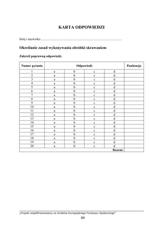 „Projekt współfinansowany ze środków Europejskiego Funduszu Społecznego”
64
KARTA ODPOWIEDZI
Imię i nazwisko ..................................................................................................
Określanie zasad wykonywania obróbki skrawaniem
Zakreśl poprawną odpowiedź.
Numer pytania Odpowiedź Punktacja
1 a b c d
2 a b c d
3 a b c d
4 a b c d
5 a b c d
6 a b c d
7 a b c d
8 a b c d
9 a b c d
10 a b c d
11 a b c d
12 a b c d
13 a b c d
14 a b c d
15 a b c d
16 a b c d
17 a b c d
18 a b c d
19 a b c d
20 a b c d
Razem:
 