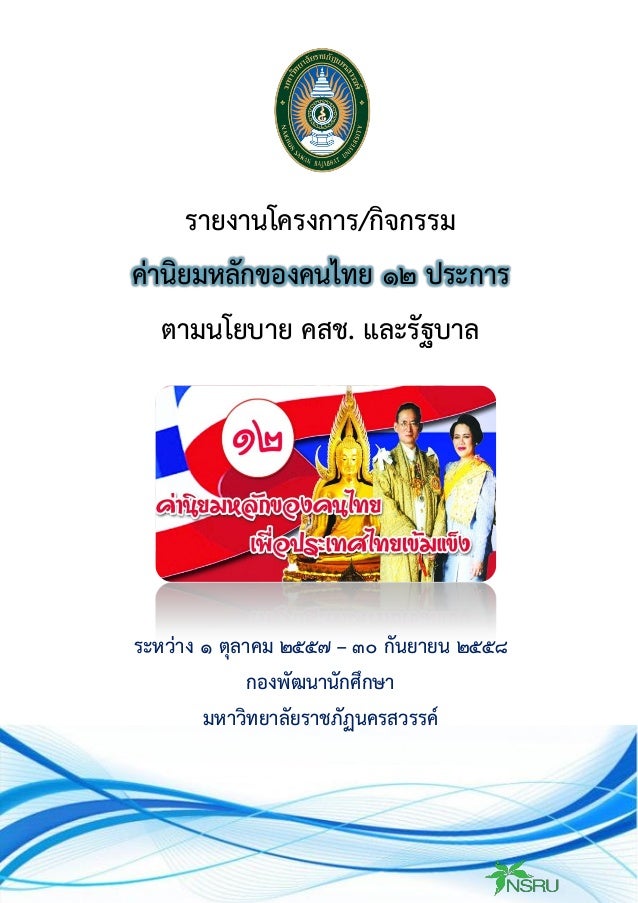 รายงานโครงการ/กิจกรรม
ค่านิยมหลักของคนไทย ๑๒ ประการ
ตามนโยบาย คสช. และรัฐบาล
ระหว่าง ๑ ตุลาคม ๒๕๕๗ – ๓๐ กันยายน ๒๕๕๘
กองพั...