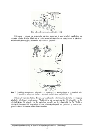 „Projekt współfinansowany ze środków Europejskiego Funduszu Społecznego”
14
Rys. 6. Prasa do prostowania wałków [8, s. 133]
Piłowanie – polega na skrawaniu warstwy materiału z powierzchni przedmiotu za
pomocą pilnika. Pilnik składa się z części roboczej oraz chwytu osadzonego w rękojeści.
Prawidłową postawę przy piłowaniu pokazano na rysunku 7.
Rys. 7. Prawidłowa postawa przy piłowaniu: a – zgrubnym, b – wykańczającym, c – ustawienie nóg,
d – prawidłowe uchwycenie pilnika, e – trzymanie pilnika średniej wielkości [8, s. 140]
Pilniki uŜywane do obróbki dobiera się w zaleŜności od wymiarów, kształtu, wymaganej
gładkości obrabianej powierzchni. Pilniki dzielą się na zdzieraki (nr 0), równiaki (nr 1),
półgładziki (nr 2), gładziki (nr 3), podwójne gładziki (nr 4), jedwabniki (nr 5). Pilniki te
róŜnią się liczbą nacięć przypadających na jednostkę długości. Na rysunku 8 przedstawiono
pilniki róŜnych kształtów oraz ich zastosowanie.
 