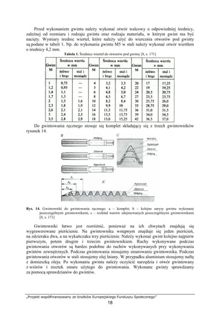„Projekt współfinansowany ze środków Europejskiego Funduszu Społecznego”
18
Przed wykonaniem gwintu naleŜy wykonać otwór walcowy o odpowiedniej średnicy,
zaleŜnej od rozmiaru i rodzaju gwintu oraz rodzaju materiału, w którym gwint ma być
nacięty. Wymiary średnic wierteł, które naleŜy uŜyć do wiercenia otworów pod gwinty
są podane w tabeli 1. Np. do wykonania gwintu M5 w stali naleŜy wykonać otwór wiertłem
o średnicy 4,2 mm.
Tabela 1. Średnice wierteł do otworów pod gwinty [8, s. 171]
Do gwintowania ręcznego stosuje się komplet składający się z trzech gwintowników
rysunek 14.
Rys. 14. Gwintowniki do gwintowania ręcznego: a – komplet, b – kolejne zarysy gwintu wykonane
poszczególnymi gwintownikami, c – rozkład warstw zdejmowanych poszczególnymi gwintownikami
[8, s. 171]
Gwintowniki łatwo jest rozróŜnić, poniewaŜ na ich chwytach znajdują się
wygrawerowane pierścienie. Na gwintowniku wstępnym znajduje się jeden pierścień,
na zdzieraku dwa, a na wykańczaku trzy pierścienie. NaleŜy wykonać gwint kolejno najpierw
pierwszym, potem drugim i trzecim gwintownikiem. Ruchy wykonywane podczas
gwintowania otworów są bardzo podobne do ruchów wykonywanych przy wykonywaniu
gwintów zewnętrznych. Podczas gwintowania stosujemy smarowanie gwintownika. Podczas
gwintowania otworów w stali stosujemy olej lniany. W przypadku aluminium stosujemy naftę
z domieszką oleju. Po wykonaniu gwintu naleŜy oczyścić narzędzia i otwór gwintowany
z wiórów i resztek smaru uŜytego do gwintowania. Wykonane gwinty sprawdzamy
za pomocą sprawdzianów do gwintów.
 