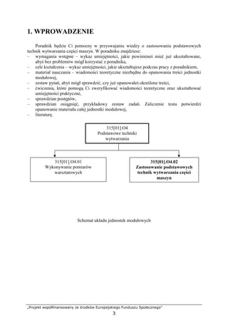 „Projekt współfinansowany ze środków Europejskiego Funduszu Społecznego”
3
1. WPROWADZENIE
Poradnik będzie Ci pomocny w przyswajaniu wiedzy o zastosowaniu podstawowych
technik wytwarzania części maszyn. W poradniku znajdziesz:
– wymagania wstępne – wykaz umiejętności, jakie powinieneś mieć juŜ ukształtowane,
abyś bez problemów mógł korzystać z poradnika,
– cele kształcenia – wykaz umiejętności, jakie ukształtujesz podczas pracy z poradnikiem,
– materiał nauczania – wiadomości teoretyczne niezbędne do opanowania treści jednostki
modułowej,
– zestaw pytań, abyś mógł sprawdzić, czy juŜ opanowałeś określone treści,
– ćwiczenia, które pomogą Ci zweryfikować wiadomości teoretyczne oraz ukształtować
umiejętności praktyczne,
– sprawdzian postępów,
– sprawdzian osiągnięć, przykładowy zestaw zadań. Zaliczenie testu potwierdzi
opanowanie materiału całej jednostki modułowej,
– literaturę.
Schemat układu jednostek modułowych
315[01].O4
Podstawowe techniki
wytwarzania
315[01].O4.01
Wykonywanie pomiarów
warsztatowych
315[01].O4.02
Zastosowanie podstawowych
technik wytwarzania części
maszyn
 