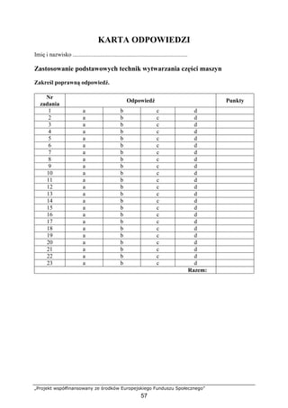„Projekt współfinansowany ze środków Europejskiego Funduszu Społecznego”
57
KARTA ODPOWIEDZI
Imię i nazwisko ...............................................................................
Zastosowanie podstawowych technik wytwarzania części maszyn
Zakreśl poprawną odpowiedź.
Nr
zadania
Odpowiedź Punkty
1 a b c d
2 a b c d
3 a b c d
4 a b c d
5 a b c d
6 a b c d
7 a b c d
8 a b c d
9 a b c d
10 a b c d
11 a b c d
12 a b c d
13 a b c d
14 a b c d
15 a b c d
16 a b c d
17 a b c d
18 a b c d
19 a b c d
20 a b c d
21 a b c d
22 a b c d
23 a b c d
Razem:
 
