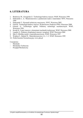 „Projekt współfinansowany ze środków Europejskiego Funduszu Społecznego”
58
6. LITERATURA
1. Brodowicz W., Grzegórski Z.: Technologia budowy maszyn. WSiP, Warszawa 1998
2. Dobrzański L. A.: Metaloznawstwo z podstawami nauki o materiałach. WNT, Warszawa
1999
3. Dobrzański T.: Rysunek techniczny maszynowy. WNT, Warszawa 2003
4. Feld M.: Technologia budowy maszyn. Wydawnictwo Naukowe PWN, Warszawa 2000
5. Górecki A.: Technologia ogólna. Podstawy technologii mechanicznych. WSiP,
Warszawa 1994
6. Kozak B.: Części maszyn z elementami mechaniki technicznej. WSiP, Warszawa 2000
7. Legutko S.: Podstawy eksploatacji maszyn i urządzeń. WSiP, Warszawa 2004
8. Mac S. Obróbka metali z materiałoznawstwem. WSiP, Warszawa 1997
9. Wojtkun F., Bukała W.: Materiałoznawstwo. Cz. 1 i 2. WSiP, Warszawa 1999
10. Polski Komitet Normalizacyjny www.pkn.pl
Czasopisma:
− Mechanik
− Mechanika Techniczna
− Przegląd Mechaniczny
 