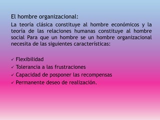 El hombre organizacional:
La teoría clásica constituye al hombre económicos y la
teoría de las relaciones humanas constituye al hombre
social Para que un hombre se un hombre organizacional
necesita de las siguientes características:
 Flexibilidad
 Tolerancia a las frustraciones
 Capacidad de posponer las recompensas
 Permanente deseo de realización.
 