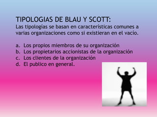 TIPOLOGIAS DE BLAU Y SCOTT:
Las tipologías se basan en características comunes a
varias organizaciones como si existieran en el vacío.
a. Los propios miembros de su organización
b. Los propietarios accionistas de la organización
c. Los clientes de la organización
d. El publico en general.
 