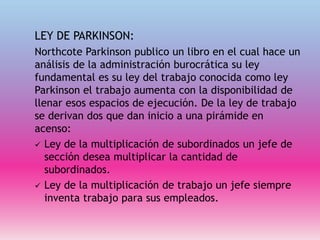 LEY DE PARKINSON:
Northcote Parkinson publico un libro en el cual hace un
análisis de la administración burocrática su ley
fundamental es su ley del trabajo conocida como ley
Parkinson el trabajo aumenta con la disponibilidad de
llenar esos espacios de ejecución. De la ley de trabajo
se derivan dos que dan inicio a una pirámide en
acenso:
 Ley de la multiplicación de subordinados un jefe de
sección desea multiplicar la cantidad de
subordinados.
 Ley de la multiplicación de trabajo un jefe siempre
inventa trabajo para sus empleados.
 