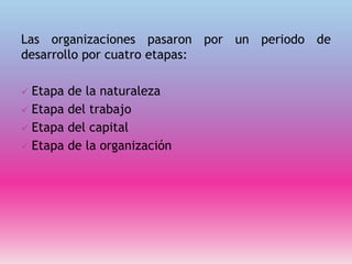 Las organizaciones pasaron por un periodo de
desarrollo por cuatro etapas:
 Etapa de la naturaleza
 Etapa del trabajo
 Etapa del capital
 Etapa de la organización
 