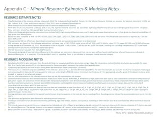 TSXV: FPC | WWW.FALCORES.COM | 37
Appendix C – Mineral Resource Estimates & Modeling Notes
1. The effective date of the resource estimate is January 8, 2016. The Independent and Qualified Persons for the Mineral Resource Estimate as required by National Instrument 43-101 are
Carl Pelletier, B.Sc., P.Geo. and Vincent Jourdain, P.Eng., Ph.D., both employees of InnovExplo Inc.
2. Mineral Resources are not Mineral Reserves and have not demonstrated economic viability.
3. While the results are presented undiluted and in situ, the reported mineral resources are considered by the Qualified Persons to have reasonable prospects for economic extraction.
4. These estimates include four (4) low grade gold-bearing mineralized zones.
5. The principal low-grade gold-bearing mineralized zone includes five (5) high-grade gold-bearing zones, one (1) high-grade copper-bearing zone, one (1) high-grade zinc-bearing zone and two (2)
high-grade silver-bearing zones.
6. Resources were compiled at NSR cut-offs of C$50, C$55, C$60, C$65, C$70, C$75, C$80, C$85, C$90, C$95 and C$100 per tonne. The official base case resource is reported at a C$65 per
tonne NSR cut-off.
7. The appropriate NSR cut-off will vary depending on prevailing economic and operational parameters to be determined.
8. NSR estimates are based on the following assumptions: exchange rate of $C1.27/$US, metal prices of (all $US): gold $1,165/oz, silver $15.77, copper $2.53/lb, zinc $0.89/lb (One-year
trailing average as of December 14, 2015). Net recoveries of 84.0% for gold, 75.3% for silver, 71.8% for zinc and 66.5% for copper. Smelting cost (including transportation) C$7.73 per tonne.
9. Gold equivalent calculations assume these same metal prices.
10. Inferred resources are separate from Indicated Resources
11. The quantity and grade of reported Inferred Resources in this estimate are uncertain in nature and there has not been sufficient work to define these Inferred Resources as Indicated or
Measured Resources. It is uncertain if further work will result in upgrading them to an Indicated or Measured mineral resource category.
12. Densities within ENV_A were estimated from Noranda drill hole iron assay data and Falco density data using a 3-pass ID2 interpolation method. Limited density data was available for zones
ENV_B to D and a fixed density of 2.88 t/m3 was assumed for these zones which represent the median of the available data.
13. Compositing was done on drill hole sections falling within the mineralized zones (composite = 3.0 metres).
14. The resource was estimated using Geovia GEMS 6.7. The estimate is based on 4,411 diamond drill holes (323,087 m). For silver the estimates also uses the results of an exhaustive metallurgical
test comprising 2,112 diamond drill holes assayed for silver over a total length of 75,540 meters. A minimum true thickness of 7.0 m was applied, using the grade of the adjacent material when
assayed, or a value of zero when not assayed.
15. Only the silver interpolation in the Inferred resources does not use the material when not assayed.
16. The estimate was based on a three dimensional block model (5x5x5 metre blocks). Within ENV_A. Wireframes of high grade zones were used as hard boundaries to constrain the interpolation of
gold, silver, copper, zinc and density into the block model. Interpolation parameters were derived based on geostatistical analysis conducted on 3 metre composited drill hole data. Block grades
have been estimated using Inverse Distance Squared (ID2) interpolation method and the mineral resources have been classified based on proximity to sample data and the continuity of
mineralization in accordance with CIM best practices.
17. Capping of high grade gold values was done on raw assay data and established on a per zone basis: HG_A: 35 g/t, HG_B: 35g/t, HG_C: 25g/t, HG_D: 35g/t, HG_E: 25g/t, ENV_A: 35g/t, ENV_B:
25g/t, ENV_C: 25g/t, ENV_D: 25g/t and for high grade silver SG_HG:100g/t, HG_D: 165 g/t, ENV_A_SG_Low: 110 g/t, ENV_B: 100 g/t, ENV_C: 100 g/t, ENV_D: 100 g/t. No upper capping was
applied to copper and zinc data.
18. Tonnage estimates were rounded to the nearest hundred tonnes. Any discrepancies in the totals are due to rounding effects. Rounding practice follows the recommendations set out in Form 43-
101F1.
19. CIM definitions and guidelines were followed in estimating mineral resources.
20. InnovExplo is not aware of any known environmental, permitting, legal, title-related, taxation, socio-political, marketing or other relevant issue that could materially affect the mineral resource
estimate.
21. The mineral resources presented herein are categorized as Indicated and Inferred based on geological and grade continuity. A maximum distance to the closest composite of 25 meters was used
for indicated Resources. The average distance to the nearest composite is 8.3 meters for the Indicated resources and 35.2 meters for the Inferred resources.
22. Metal contained in ounces (troy) = metric tonnes x grade / 31.10348. Calculations used metric units (metres, tonnes and g/t). Metal contents are presented in ounces and pounds.
RESOURCE ESTIMATE NOTES
RESOURCE MODELING NOTES
 