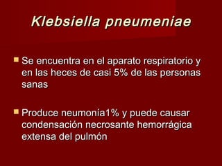 Klebsiella pneumeniaeKlebsiella pneumeniae
 Se encuentra en el aparato respiratorio ySe encuentra en el aparato respiratorio y
en las heces de casi 5% de las personasen las heces de casi 5% de las personas
sanassanas
 Produce neumonía1% y puede causarProduce neumonía1% y puede causar
condensación necrosante hemorrágicacondensación necrosante hemorrágica
extensa del pulmónextensa del pulmón
 