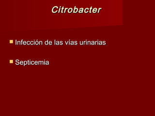 CitrobacterCitrobacter
 Infección de las vías urinariasInfección de las vías urinarias
 SepticemiaSepticemia
 