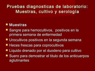 Pruebas diagnosticas de laboratorio:Pruebas diagnosticas de laboratorio:
Muestras, cultivo y serologíaMuestras, cultivo y serología
 MuestrasMuestras
 Sangre para hemocultivos, positivos en laSangre para hemocultivos, positivos en la
primera semana de enfermedadprimera semana de enfermedad
 Urocultivos positivos en la segunda semanaUrocultivos positivos en la segunda semana
 Heces frescas para coprocultivosHeces frescas para coprocultivos
 Liquido drenado por el duodeno para cultivoLiquido drenado por el duodeno para cultivo
 Suero para demostrar el titulo de los anticuerposSuero para demostrar el titulo de los anticuerpos
aglutinantesaglutinantes
 