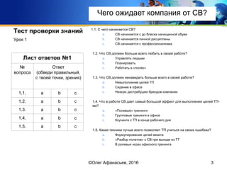 Тест проверки знаний 1.1. С чего начинается СВ?
a. СВ начинается с до блеска начищенной обуви
b. СВ начинается личной дисциплины
c. СВ начинается с профессионализма
1.2. Что СВ должен больше всего любить в своей работе?
a. Управлять людьми
b. Планировать
c. Работать в «полях»
1.3. Что СВ должен ненавидеть больше всего в своей работе?
a. Невыполнение целей ТП
b. Сидение в офисе
c. Низкую дистрибуцию брендов компании
1.4. Что в работе СВ дает самый большой эффект для выполнения целей ТП-
ми?
a. «Полевые» тренинги
b. Групповые тренинги в офисе
c. Коучинги с ТП в конце рабочего дня
1.5. Какая техника лучше всего позволяет ТП учиться на своих ошибках?
a. Формулирование целей визита
b. «Разбор полетов» с СВ при выходе из ТТ
c. В ролевых играх офисного тренинга
Урок 1
3
Лист ответов №1
№
вопроса
Ответ
(обведи правильный,
с твоей точки, зрения)
1.1. a b c
1.2. a b c
1.3. a b c
1.4. a b c
1.5. a b c
©Олег Афанасьев, 2016
Чего ожидает компания от СВ?
 