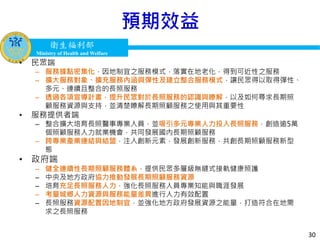 衛生福利部
Ministry of Health and Welfare
衛生福利部
Ministry of Health and Welfare
預期效益
30
• 民眾端
– 服務據點密集化，因地制宜之服務模式，落實在地老化，得到可近性之服務
– 擴大服務對象、擴充服務內涵與彈性及建立整合服務模式，讓民眾得以取得彈性、
多元、連續且整合的長照服務
– 透過各項宣導計畫，提升民眾對於長照服務的認識與瞭解，以及如何尋求長期照
顧服務資源與支持，並清楚瞭解長期照顧服務之使用與其重要性
• 服務提供者端
– 整合擴大培育長照醫事專業人員，並吸引多元專業人力投入長照服務，創造逾5萬
個照顧服務人力就業機會，共同發展國內長期照顧服務
– 跨專業產業連結與結盟，注入創新元素，發展創新服務，共創長期照顧服務新型
態
• 政府端
– 健全連續性長期照顧服務體系，提供民眾多層級無縫式接軌健康照護
– 中央及地方政府協力推動發展長期照顧服務資源
– 培育充足長照服務人力，強化長照服務人員專業知能與職涯發展
– 考量城鄉人力資源與服務能量差異進行人力有效配置
– 長照服務資源配置因地制宜，並強化地方政府發展資源之能量，打造符合在地需
求之長照服務
 