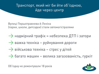 Транспорт, який міг би йти об’їздною,
йде через центр
→ надмірний трафік = небезпека ДТП і затори
→ важка техніка – руйнування дороги
→ військова техніка – стрес у дітей
→ багато машин – велика загазованість, гуркіт
Вулиці Першотравнева й Леніна
(парки, школи, дитсадки) стали автомагістралями
Об’їздну не ремонтували 18 років
 