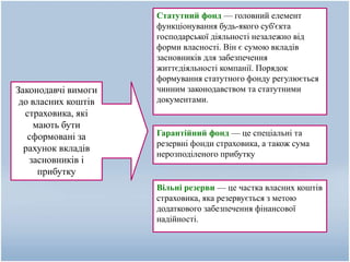 Гарантійний фонд — це спеціальні та
резервні фонди страховика, а також сума
нерозподіленого прибутку
Вільні резерви — це частка власних коштів
страховика, яка резервується з метою
додаткового забезпечення фінансової
надійності.
Законодавчі вимоги
до власних коштів
страховика, які
мають бути
сформовані за
рахунок вкладів
засновників і
прибутку
Статутний фонд — головний елемент
функціонування будь-якого суб'єкта
господарської діяльності незалежно від
форми власності. Він є сумою вкладів
засновників для забезпечення
життєдіяльності компанії. Порядок
формування статутного фонду регулюється
чинним законодавством та статутними
документами.
 