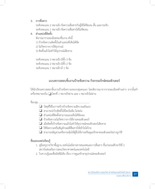 สถาบันส่งเสริมการสอนวิทยาศาสตร์และเทคโนโลยี (สสวท.)
กระทรวงศึกษาธิการ
27
3.	 การสื่อสาร
	 ระดับคะแนน 2 หมายถึง ข้อความสื่อสารกับผู้ใช้ได้ชัดเจน สั้น และกระชับ
	 ระดับคะแนน 1 หมายถึง ข้อความสื่อสารได้ไม่ชัดเจน
4.	 ต�ำแหน่งที่ติดตั้ง
	 พิจารณารายละเอียดของชิ้นงาน ดังนี้
	 1) ป้ายข้อความติดตั้งในต�ำแหน่งที่เห็นได้ชัด
	 2) ไม่กีดขวางการใช้อุปกรณ์
	 3) ติดตั้งแล้วไม่ท�ำให้อุปกรณ์เสียหาย
	
	 ระดับคะแนน 3 หมายถึง มีทั้ง 3 ข้อ
	 ระดับคะแนน 2 หมายถึง มีทั้ง 2 ข้อ
	 ระดับคะแนน 1 หมายถึง มี 1 ข้อ
แบบตรวจสอบชิ้นงานป้ายข้อความ กิจกรรมรักษ์คอมพิวเตอร์
ให้นักเรียนตรวจสอบชิ้นงานป้ายข้อความของกลุ่มตนเอง โดยพิจารณาจากรายละเอียดด้านล่าง จากนั้นท�ำ
เครื่องหมายลงใน ❏ โดยที่ √ หมายถึงผ่าน และ x หมายถึงไม่ผ่าน
ชื่อกลุ่ม ..................................................................................
		 ❏	 วัสดุที่ใช้ในการสร้างป้ายข้อความมีความแข็งแรง
		 ❏	 สามารถน�ำไปติดตั้งได้โดยไม่ล้ม ไม่หล่น	 	 	
		 ❏	 ต�ำแหน่งที่ติดตั้งสามารถมองเห็นได้ชัดเจน	 	 	
		 ❏	 ป้ายข้อความไม่กีดขวางการใช้งานคอมพิวเตอร์		
		 ❏	 เมื่อติดตั้งป้ายข้อความแล้วไม่ท�ำให้อุปกรณ์คอมพิวเตอร์เสียหาย 		 	
		 ❏	 ใช้ข้อความหรือสัญลักษณ์ที่สื่อสารให้เข้าใจได้ง่าย
		 ❏	 สามารถเชิญชวนหรือกระตุ้นให้ผู้อื่นใช้งานหรือดูแลรักษาคอมพิวเตอร์อย่างถูกวิธี
สื่อและแหล่งเรียนรู้
	 1.	คู่มือครูรายวิชาพื้นฐาน เทคโนโลยีสารสารสนเทศและการสื่อสาร ชั้นประถมศึกษาปีที่ 2
	 	 สถาบันส่งเสริมการสอนวิทยาศาสตร์และเทคโนโลยี
	 2.	ใบความรู้และสื่อมัลติมีเดีย เรื่อง การดูแลรักษาอุปกรณ์คอมพิวเตอร์
 