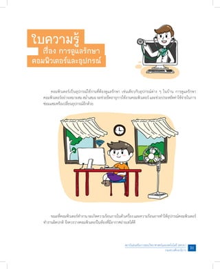 สถาบันส่งเสริมการสอนวิทยาศาสตร์และเทคโนโลยี (สสวท.)
กระทรวงศึกษาธิการ
31
	
	 คอมพิวเตอร์เป็นอุปกรณ์ใช้งานที่ต้องดูแลรักษา เช่นเดียวกับอุปกรณ์ต่าง ๆ ในบ้าน การดูแลรักษา
คอมพิวเตอร์อย่างเหมาะสม สม�่ำเสมอ จะช่วยยืดอายุการใช้งานคอมพิวเตอร์ และช่วยประหยัดค่าใช้จ่ายในการ
ซ่อมแซมหรือเปลี่ยนอุปกรณ์อีกด้วย     
	 ขณะที่คอมพิวเตอร์ท�ำงาน จะเกิดความร้อนภายในตัวเครื่องและความร้อนอาจท�ำให้อุปกรณ์คอมพิวเตอร์
ท�ำงานผิดปกติ จึงควรวางคอมพิวเตอร์ในห้องที่มีอากาศถ่ายเทได้ดี
ใบความรู้
เรื่อง การดูแลรักษา
คอมพิวเตอร์และอุปกรณ์
 