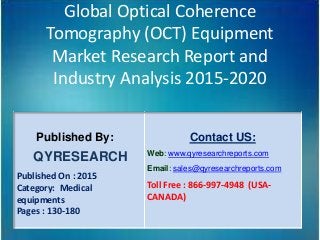 Global Optical Coherence
Tomography (OCT) Equipment
Market Research Report and
Industry Analysis 2015-2020
Published By:
QYRESEARCH
Published On : 2015
Category: Medical
equipments
Pages : 130-180
Contact US:
Web: www.qyresearchreports.com
Email: sales@qyresearchreports.com
Toll Free : 866-997-4948 (USA-
CANADA)
 