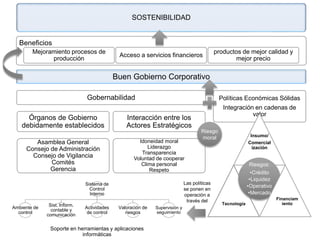 Buen Gobierno Corporativo
Gobernabilidad
Órganos de Gobierno
debidamente establecidos
Asamblea General
Consejo de Administración
Consejo de Vigilancia
Comités
Gerencia
Interacción entre los
Actores Estratégicos
Idoneidad moral
Liderazgo
Transparencia
Voluntad de cooperar
Clima personal
Respeto
Políticas Económicas Sólidas
Integración en cadenas de
valor
Beneficios
Mejoramiento procesos de
producción
Acceso a servicios financieros
productos de mejor calidad y
mejor precio
SOSTENIBILIDAD
Insumo/
Comercial
ización
Tecnología
Riesgos:
•Crédito
•Liquidez
•Operativo
•Mercado
Financiam
iento
Sistema de
Control
Interno
Ambiente de
control
Sist. Inform.
contable y
comunicación
Actividades
de control
Valoración de
riesgos
Supervisión y
seguimiento
Soporte en herramientas y aplicaciones
informáticas
Las políticas
se ponen en
operación a
través del
Riesgo
moral
 