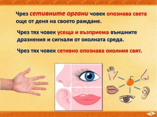 Чрез сетивните органи човек опознава света
още от деня на своето раждане.
Чрез тях човек усеща и възприема външните
дразнения и сигнали от околната среда.
Чрез тях човек сетивно опознава околния свят.
 