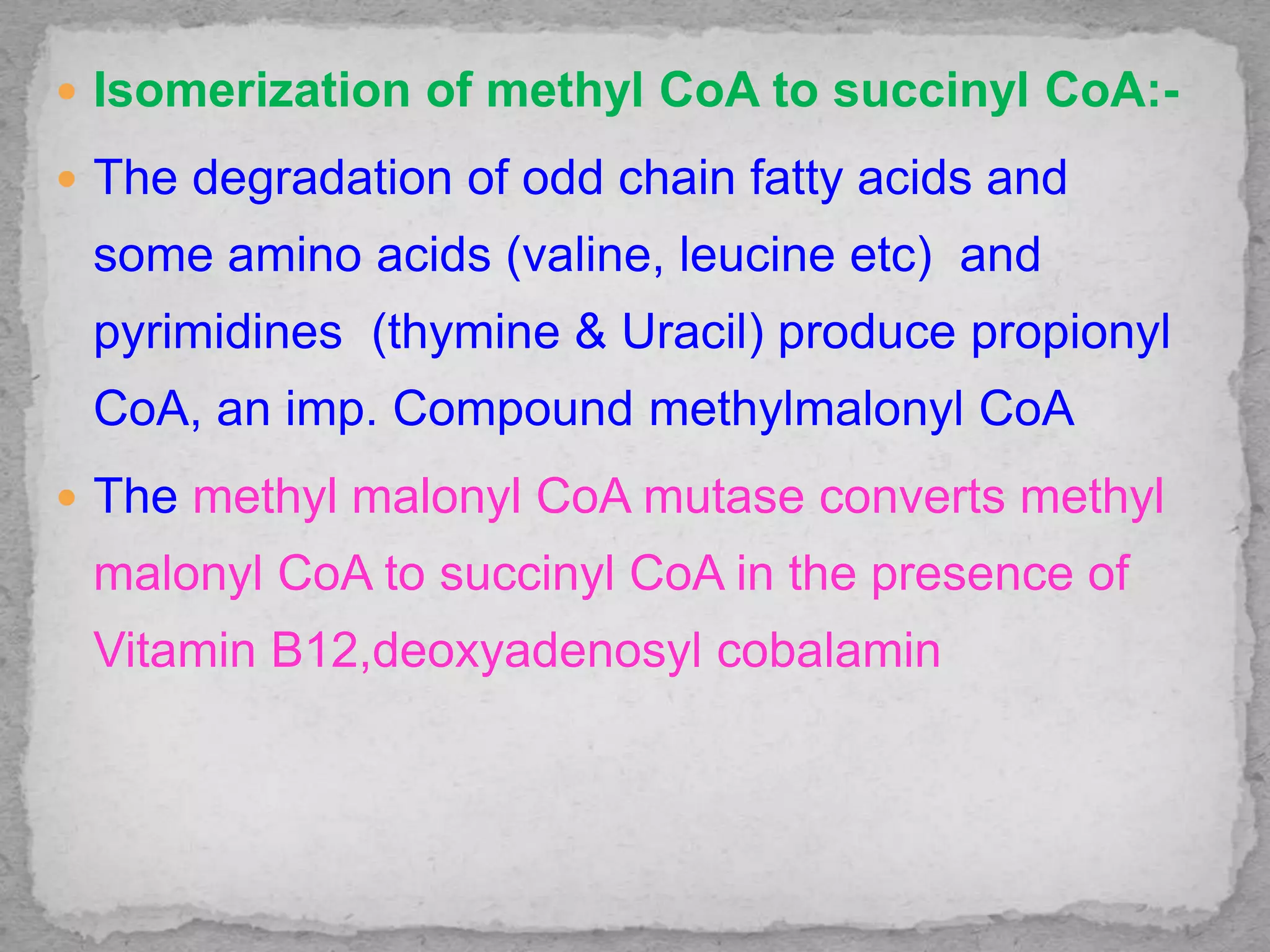  Isomerization of methyl CoA to succinyl CoA:-
 The degradation of odd chain fatty acids and
some amino acids (valine, leucine etc) and
pyrimidines (thymine & Uracil) produce propionyl
CoA, an imp. Compound methylmalonyl CoA
 The methyl malonyl CoA mutase converts methyl
malonyl CoA to succinyl CoA in the presence of
Vitamin B12,deoxyadenosyl cobalamin
 