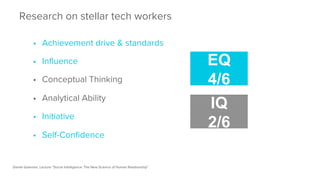 EQ
4/6
IQ
2/6
Daniel Goleman, Lecture “Social Intelligence: The New Science of Human Relationship”
Research on stellar tech workers
•  Achievement drive & standards
•  Inﬂuence
•  Conceptual Thinking
•  Analytical Ability
•  Initiative
•  Self-Conﬁdence 

 