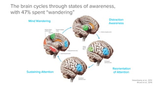 Mind Wandering
 Distraction
Awareness
Reorientation
of Attention
Sustaining Attention
Hasenkamp et al., 2012
Ricard et al., 2014
The brain cycles through states of awareness,
with 47% spent “wandering”
 