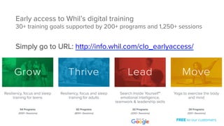 Early access to Whil’s digital training
30+ training goals supported by 200+ programs and 1,250+ sessions

Simply go to URL: http://info.whil.com/clo_earlyaccess/

 
