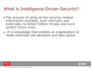What is Intelligence Driven Security?
 The process of using all the security-related
information available, both internally and
externally, to detect hidden threats and even
predict future ones.
 It is knowledge that enables an organization to
make informed risk decisions and take action.

© Copyright 2012 EMC Corporation. All rights reserved.

18

 