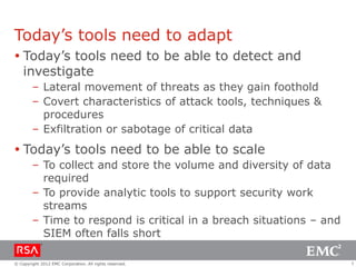 Today’s tools need to adapt
 Today’s tools need to be able to detect and
investigate
– Lateral movement of threats as they gain foothold
– Covert characteristics of attack tools, techniques &
procedures
– Exfiltration or sabotage of critical data

 Today’s tools need to be able to scale
– To collect and store the volume and diversity of data
required
– To provide analytic tools to support security work
streams
– Time to respond is critical in a breach situations – and
SIEM often falls short
© Copyright 2012 EMC Corporation. All rights reserved.

7

 