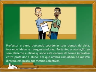 Professor e aluno buscando coordenar seus pontos de vista,
trocando ideias e reorganizando-as. Portanto, a avaliação só
será eficiente e eficaz quando esta ocorrer de forma interativa
entre professor e aluno, em que ambos caminham na mesma
direção, em busca dos mesmos objetivos.
 