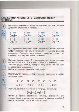 Сложение числа 2 с однозначными
числами
1
2
Выполни сложение с помощью счётных палочек. Запиши
действия сложения в тетрадь.
II |||||||| II ШИН II ПИШИ II НИИ
2+8= 2+7= 2+9= 2+6=
и и II |||| II им II III
2+2= 2+4= 2+5= 2+3=
полученных значениях сумм подчеркни синим цветом
цифру разряда единиц, а красным — цифру разряда
десятков. Проверь полученные значения сумм по
второму столбику «Таблицы сложения».
Запиши сумму числа 2 и однозначного числа, которая
не вошла во второй столбик «Таблицы сложения».
Запиши рядом сумму, которая получается из неё при
перестановке слагаемых.
Найди и запиши значения этих сумм.
л Воспользуйся правилом перестановки слагаемых и найди
у значения сумм.
1+2 3+ 2 4+ 2 5+2
6+2 7+ 2 8+ 2 9+2
Запиши действия сложенияв тетрадь,например:
64-2=2+6 =3
Найди в других столбиках «Таблицы сложения» эти
суммы. Какие строчки они занимают в каждом столбике?
Найди значения разностей 8 -2 и 8 -6 .
19
 