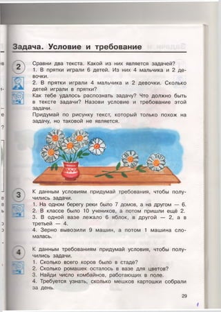 Задача. Условие и требование
Сравни два текста. Какой из них является задачей?
1. В прятки играли 6 детей. Из них 4 мальчика и 2 де­
вочки.
2. В прятки играли 4 мальчика и 2 девочки. Сколько
детей играли в прятки?
Как тебе удалось распознать задачу? Что должно быть
в тексте задачи? Назови условие и требование этой
задачи.
Придумай по рисунку текст, который только похож на
задачу, но таковой не является.
К данным условиям придумай требования, чтобы полу­
чились задачи.
1. На одном берегу реки было 7 домов, а на другом — 6.
2. В классе было 10 учеников, а потом пришли ещё 2.
3. В одной вазе лежало 6 яблок, в другой — 2, а в
третьей — 4.
4. Зерно вывозили 9 машин, а потом 1 машина сло­
малась.
К данным требованиям придумай условия, чтобы полу­
чились задачи.
1. Сколько всего коров было в стаде?
2. Сколько ромашек осталось в вазе для цветов?
3. Найди число комбайнов, работающих в поле.
4. Требуется узнать, сколько мешков картошки собрали
за день.
29
I
 