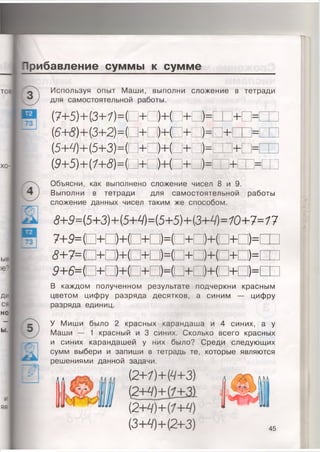 Прибавление суммы к сумме
□
173 I
т ^ п
Используя опыт Маши, выполни сложение в тетради
для самостоятельной работы.
(7+5)+(3+7)-( + )+( + ])-
(6+8)+(3+2)=(□+□)+(□+□)=
(5+9)+(5+3)=(□+□)+(□+□)=
(9+5)+(1+8)=(□+□)+(□+□)=
+
+
+
+ Г
Объясни, как выполнено сложение чисел 8 и 9.
Выполни в тетради для самостоятельной работы
сложение данных чисел таким же способом.
8+9=(5+3)+(5+Ч)=(5+5)+(3+9)=10+7=17
7+9=(□+□)+(□+□)=(□+□)+(□+□)=
8+7= (□+□)+(□+□)=(□+□)+(□+□)=
9+6=(□+□)+(□+□)=(□+□)+(□+□)=
В каждом полученном результате подчеркни красным
цветом цифру разряда десятков, а синим — цифру
разряда единиц.
У Миши было 2 красных карандаша и 4 синих, а у
Маши — 1 красный и 3 синих. Сколько всего красных
и синих карандашей у них было? Среди следующих
сумм выбери и запиши в тетрадь те, которые являются
решениями данной задачи.
(2+1)+{9+3)
(2+Ч)+(1+Ч)
(3+Ч)+(2+3) 45
 