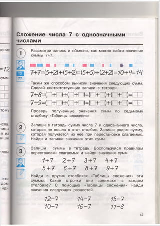 Сложение числа 7 с однозначными
числами
Рассмотри запись и объясни, как можно найти значение
суммы 7+7.
II II 11111 II 11111 11111 II II Н 1111
7+7=(5+2)+(5+2)=(5+5)+(2+2)=10+4=14
Таким же способом вычисли значения следующих сумм.
Сделай соответствующие записи в тетради.
7 + < § = а + П ) + ( П + П ) = ( П + 0 + Р + Р =
7+9=( +:)+( + )=(: +1 !)+( + )=
Проверь полученные значения сумм по седьмому
столбику «Таблицы сложения».
Запиши в тетрадь сумму числа 7 и однозначного числа,
которая не вошла в этот столбик. Запиши рядом сумму,
которая получается из неё при перестановке слагаемых.
Найди и запиши значения этих сумм.
Запиши суммы в тетрадь. Воспользуйся правилом
перестановки слагаемых и найди значения сумм.
1+7
5 + 7
2 + 7
6 + 7
3 + 7
8 + 7
4 + 7
9+7
Найди в других столбиках «Таблицы сложения» эти
суммы. Какие строчки они занимают в каждом
столбике? С помощью «Таблицы сложения» найди
значения следующих разностей.
12-7
10-7
19-7
16-7
15-7
11-8
47
 