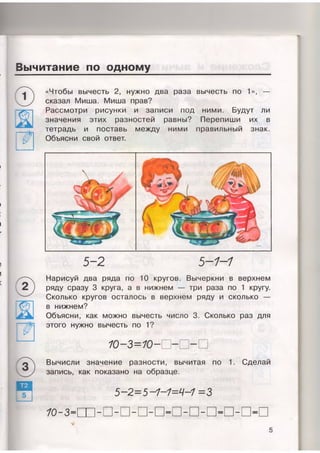Вычитание по одному
«Чтобы вычесть 2, нужно два раза вычесть по 1», —
сказал Миша. Миша прав?
Рассмотри рисунки и записи под ними. Будут ли
значения этих разностей равны? Перепиши их в
тетрадь и поставь между ними правильный знак.
Объясни свой ответ.
Г'.'п
)
)

*/
I
5-1-1
Нарисуй два ряда по 10 кругов. Вычеркни в верхнем
ряду сразу 3 круга, а в нижнем — три раза по 1 кругу.
Сколько кругов осталось в верхнем ряду и сколько —
в нижнем?
Объясни, как можно вычесть число 3. Сколько раз для
этого нужно вычесть по 1?
1 0 - 3 = 1 0 -
Вычисли значение разности, вычитая по 1. Сделай
запись, как показано на образце.
5 - 2 = 5 - 1 - 1 = 4 - 1 =3
?о-з=т-п-п-п-п=п-п-п=п-п=п
 