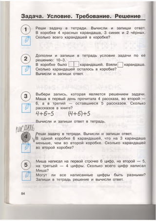 Задача. Условие. Требование. Решение
Реши задачу в тетради. Вычисли и запиши ответ.
В коробке 4 красных карандаша, 3 синих и 2 чёрных.
Сколько всего карандашей в коробке?
Дополни и запиши в тетрадь условие задачи по её
решению: 10-3.
В коробке было карандашей. Взяли карандаша.
Сколько карандашей осталось в коробке?
Вычисли и запиши ответ.
©
Выбери запись, которая является решением задачи.
Маша в первый день прочитала 4 рассказа, во второй —
6, а в третий — оставшиеся 5 рассказов. Сколько
рассказов в книге?
4 + 6 - 5 { Ч + 6 ) + 5
Вычисли и запиши ответ в тетрадь.
Реши задачу в тетради. Вычисли и запиши ответ.
 В одной коробке 6карандашей, что на 3 карандаша
меньше, чем во второй коробке. Сколько карандашей
во второй коробке?
0
Миша написал на первой строчке 6цифр, на второй — 5,
на третьей — 4 цифры. Сколько всего цифр написал
Миша?
Могут ли все написанные цифры быть разными?
Запиши в тетрадь решение и вычисли ответ.
84
 