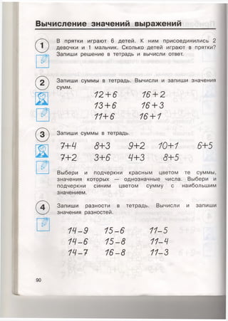 Вычисление значений выражений
©
В прятки играют 6детей. К ним присоединились 2
девочки и 1 мальчик. Сколько детей играют в прятки?
Запиши решение в тетрадь и вычисли ответ.
( 2 ) Запиши суммы в тетрадь. Вычисли и запиши значения
сумм.
1 2 + 6 1 6 + 2
1 3 + 6 1 6 + 3
1 1 + 6 1 6 + 1
(^3^) Запиши суммы в тетрадь.
7 + 4 8 + 3 9 + 2 1 0 + 1
7 + 2 3 + 6 Ч + З 8 + 5
Выбери и подчеркни красным цветом
значения которых — однозначные числа
подчеркни синим цветом сумму с
значением.
Запиши разности
значения разностей.
В тетрадь Вычисли
1 4 - 9 1 5 - 6 1 1 - 5
1 4 - 6 1 5 - 8 1 1 - 4
1 4 - 7 1 6 - 8 1 1 - 3
6 + 5
наибольшим
90
 