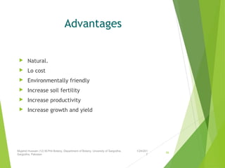 Advantages
 Natural.
 Lo cost
 Environmentally friendly
 Increase soil fertility
 Increase productivity
 Increase growth and yield
1/24/201
7
Mujahid Hussain (12) M.Phil Botany, Department of Botany, Unversity of Sargodha,
Sargodha, Pakistan
56
 
