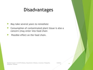 Disadvantages
 May take several years to remediate
 Consumption of contaminated plant tissue is also a
concern (may enter into food chain
 Possible effect on the food chain.
1/24/201
7
Mujahid Hussain (12) M.Phil Botany, Department of Botany, Unversity of Sargodha,
Sargodha, Pakistan
57
 