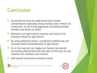 Conclusion
 So overall we have to understand their (mean
contaminants especially heavy metals) toxic effects on
living lives, on all living organisms (including animals,
humans and plants as well).
 Pakistan is an agricultural country and much of its
economy based on agriculture
 By using potential plants, curing this problem we can
increase yield and production in agriculture
 So in this way we can happy our farmers by overall
increasing yield production and also in this way we can
improve our economy and income
 And overall overcome economic losses
 1/24/201
7
Mujahid Hussain (12) M.Phil Botany, Department of Botany, Unversity of Sargodha,
Sargodha, Pakistan
58
 